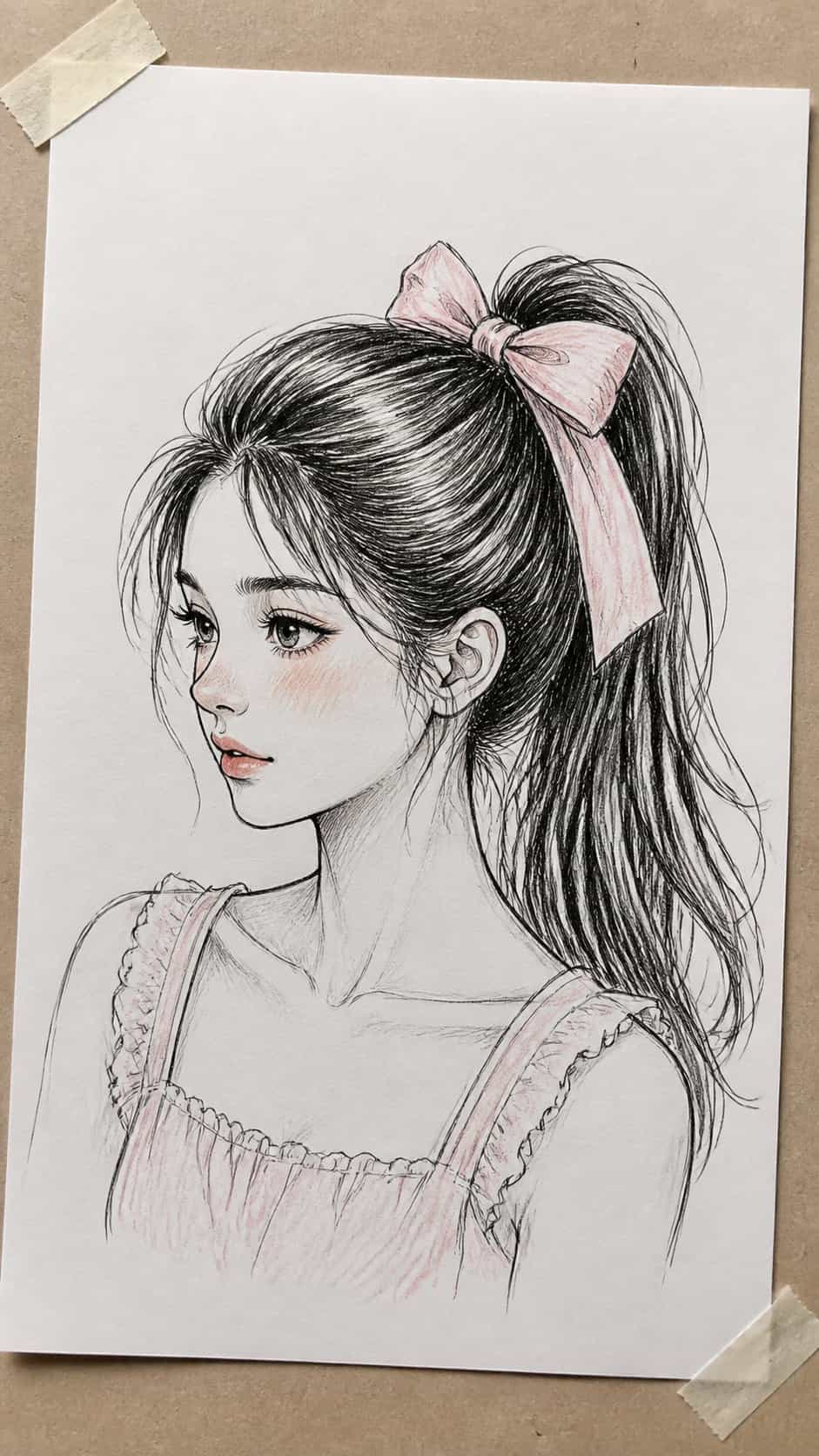 Hand-drawn high ponytail with bow in ink and colored-pencil drawing on textured paper, shown in a slightly off-center overhead — study 1