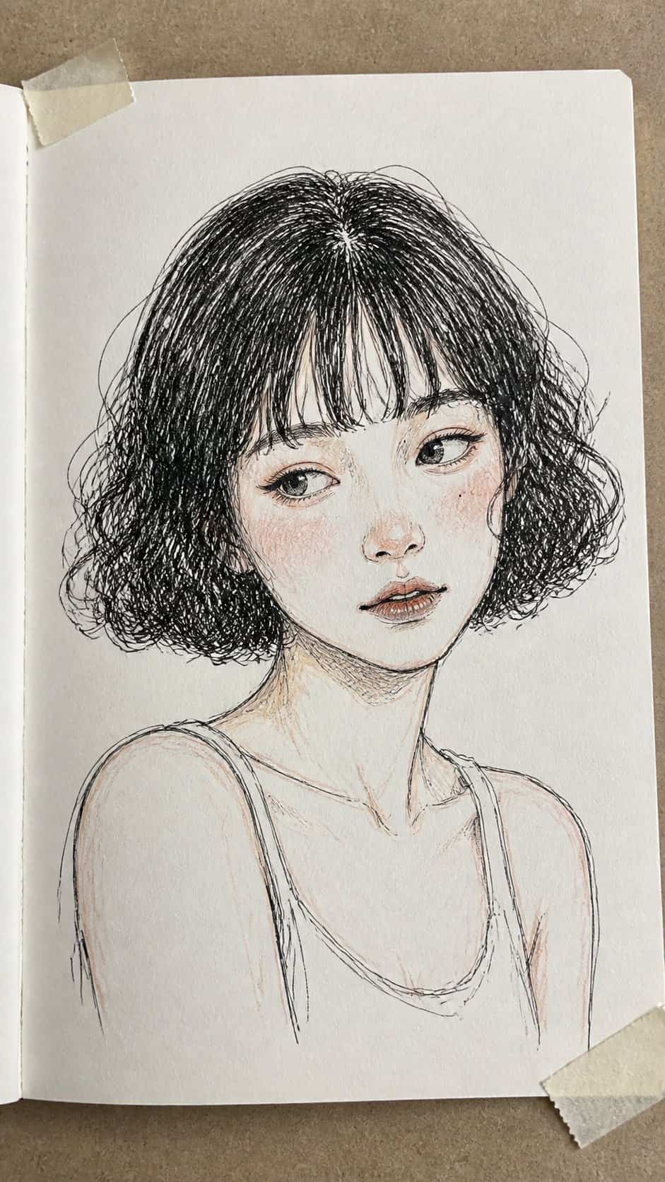 Hand-drawn curly bob with bangs in ink and colored-pencil drawing on textured paper, shown in a close overhead crop — study 1