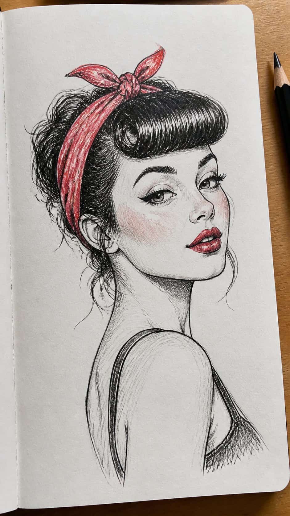Hand-drawn pin-up bangs in ink and colored-pencil drawing on textured paper, shown in a slightly off-center overhead composition, like — study 1