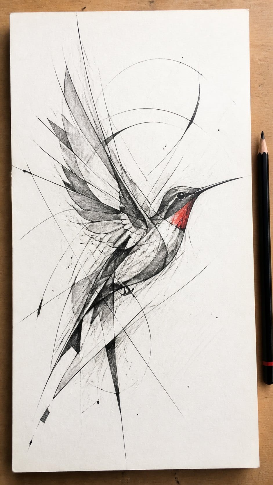 Hand-drawn abstract hummingbird in flight in mixed-media hand drawing on textured paper, shown in a straight overhead view — study 1