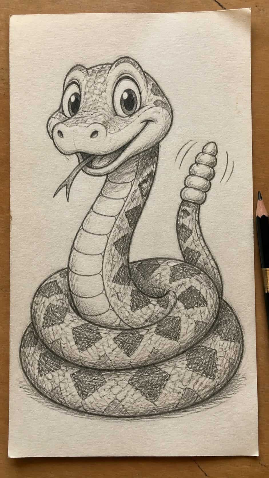 18 Snake Drawing Ideas to Slither Into Your Sketchbook 3 Hand-drawn cartoon rattlesnake in graphite drawing on textured paper, shown in a straight overhead view — study 1