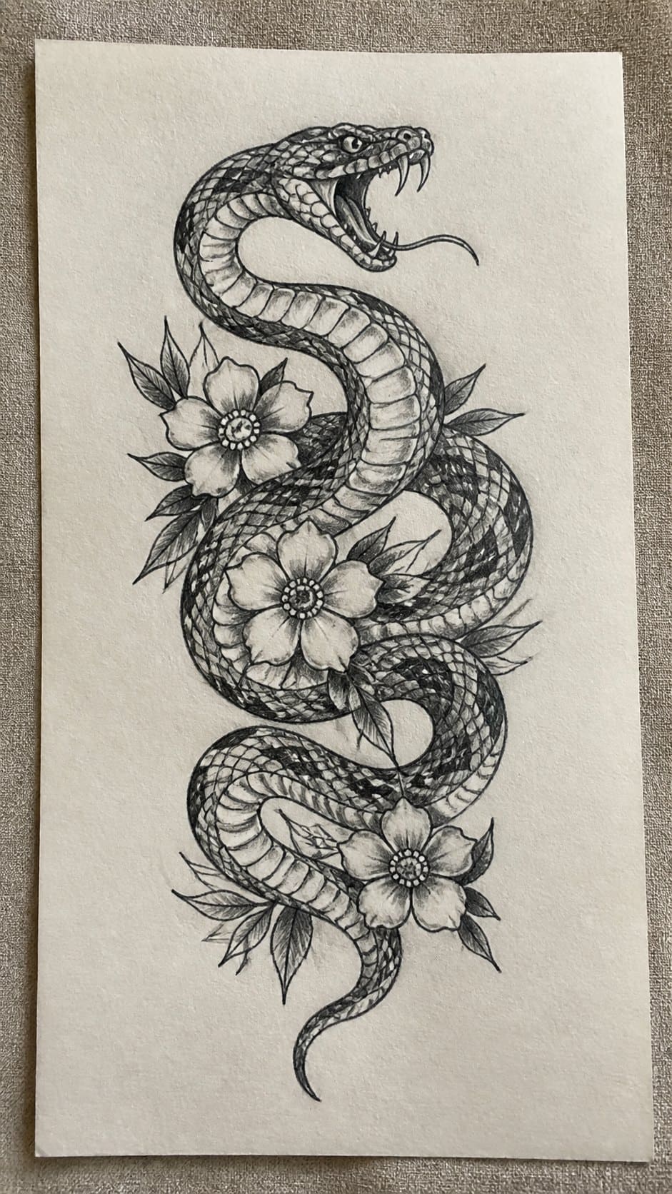 18 Snake Drawing Ideas to Slither Into Your Sketchbook 9 Hand-drawn tattoo-style snake in graphite drawing on textured paper, shown in a slightly off-center overhead composition, like an — study 1