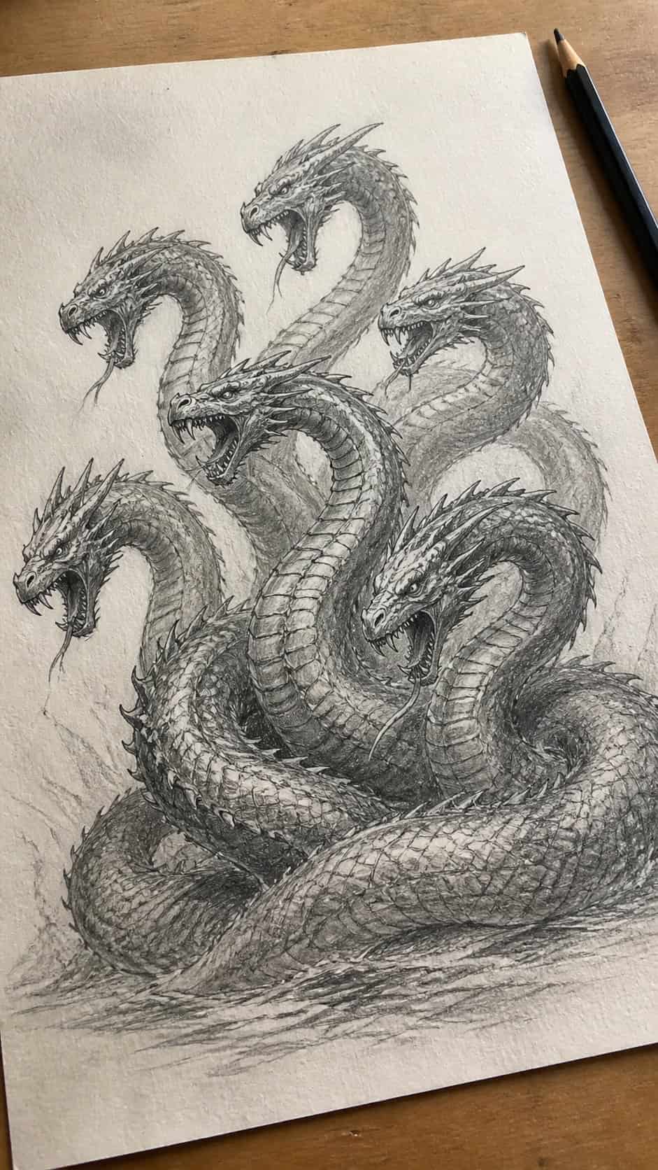 18 Snake Drawing Ideas to Slither Into Your Sketchbook 14 Hand-drawn mythical hydra in graphite drawing on textured paper, shown in a gentle oblique desk view that shows paper tooth and — study 1