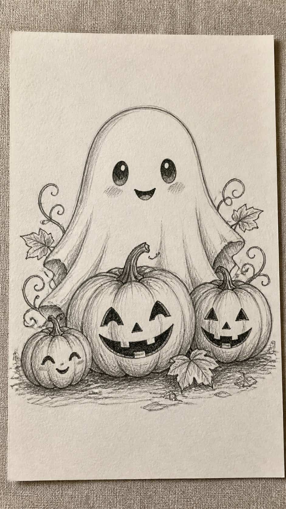 18 Ghost Drawing Ideas for Spooky and Expressive Sketches 4 Hand-drawn cute ghost with pumpkins in graphite drawing on textured paper, shown in a straight overhead view — study 1
