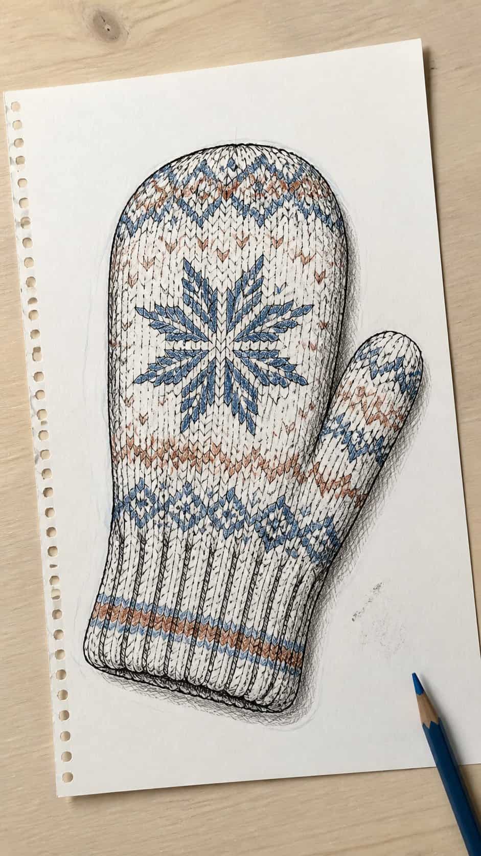 Hand-drawn mitten in colored-pencil drawing on textured paper, shown in a slightly off-center overhead composition, like an artist — study 1
