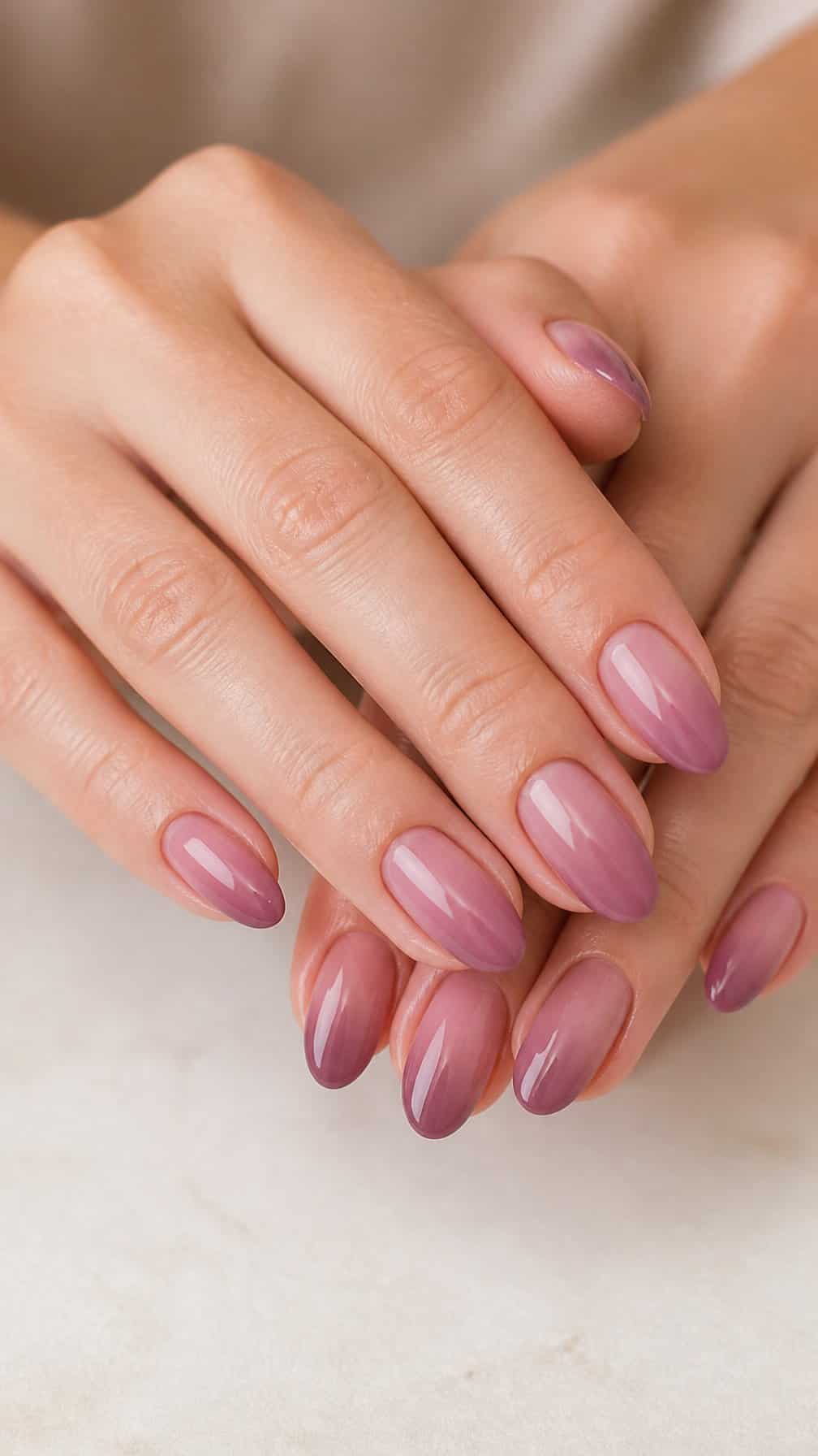 A close-up of hands with almond-shaped nails fading from dusty rose to mauve.