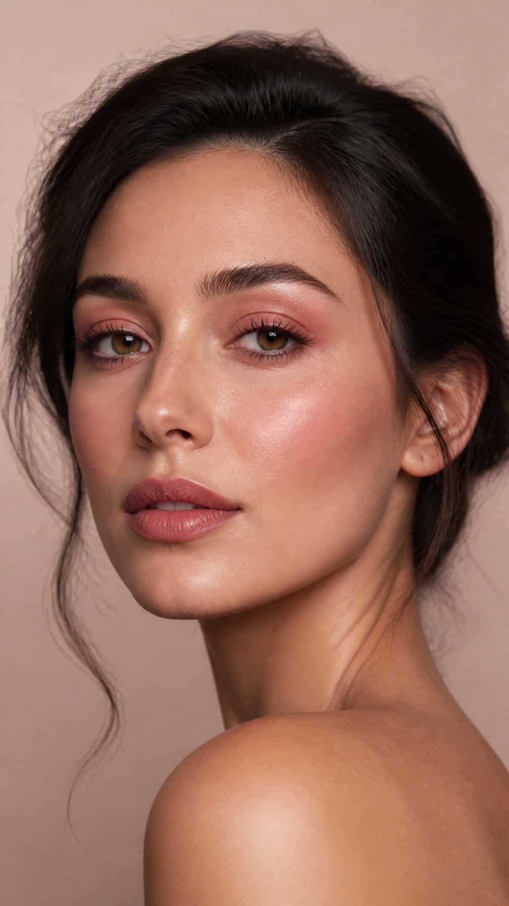 Close-up portrait of a woman wearing soft dusty rose makeup.