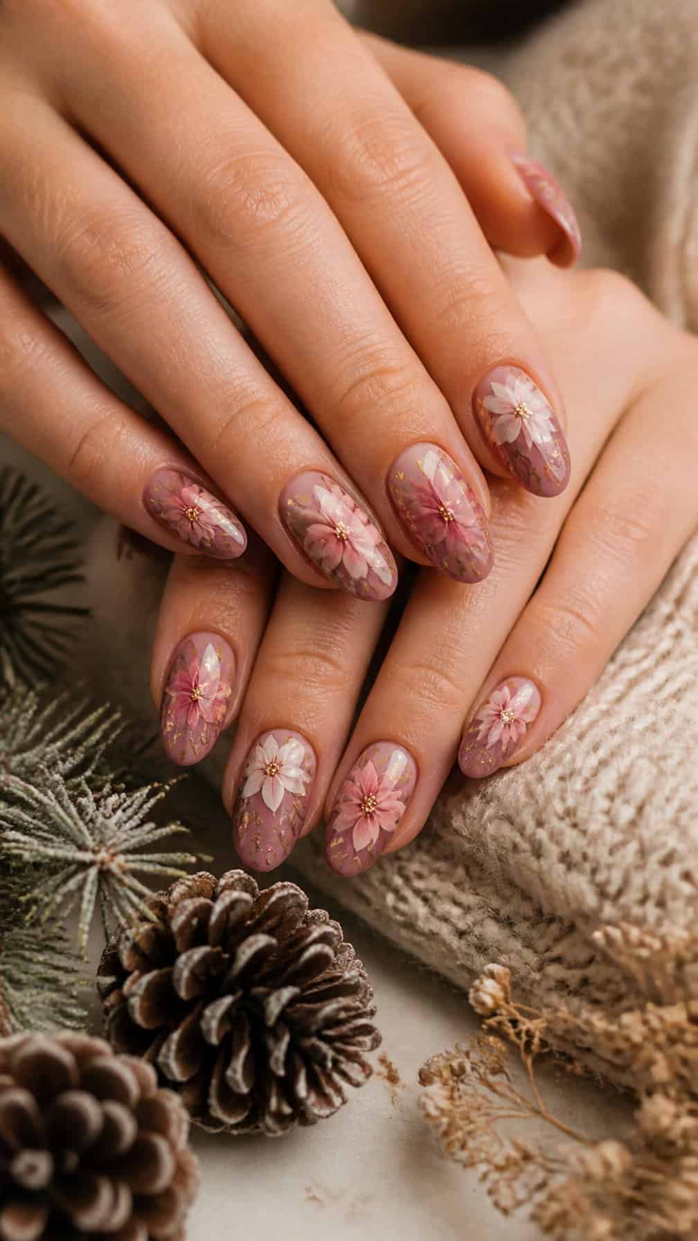 Hands with dusty rose nails decorated with delicate poinsettia designs.