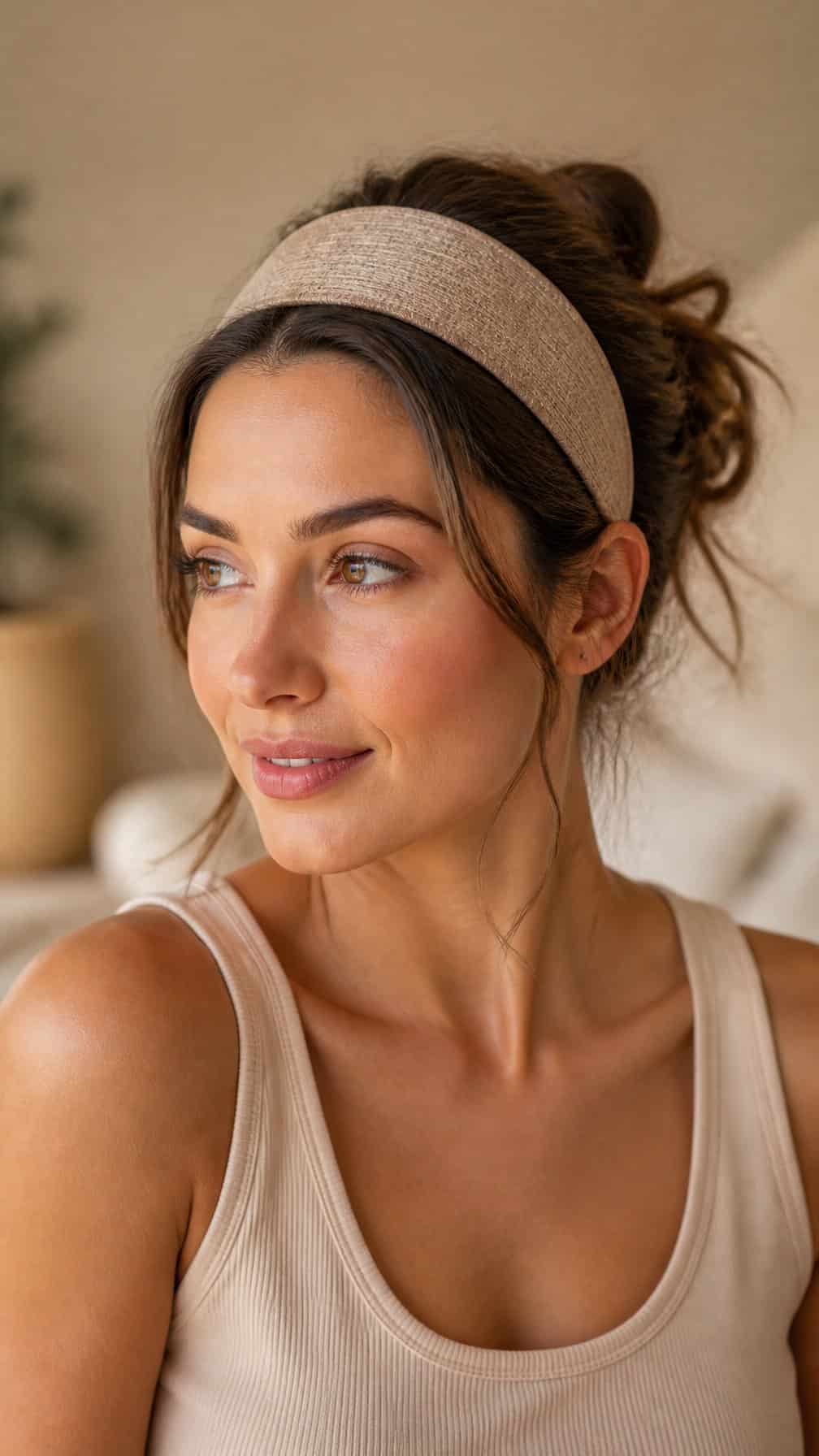 A woman wears a textured elastic headband over softly gathered hair.