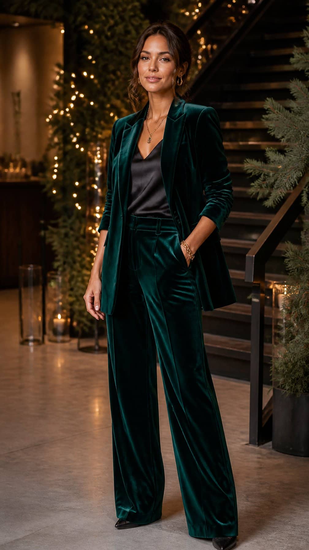 A woman in an emerald green velvet suit stands at a warmly decorated holiday event.