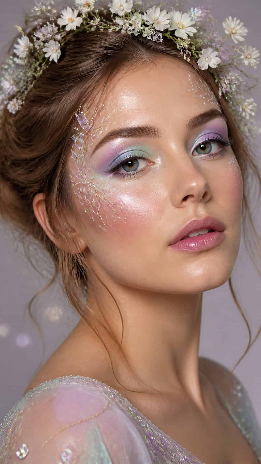 A woman wearing colorful fairy-inspired makeup and a delicate floral crown.