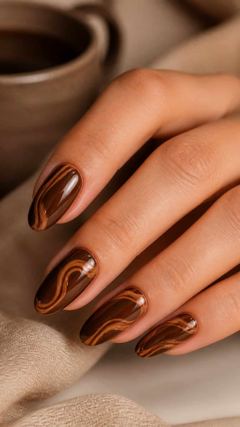 A hand with glossy espresso-brown nails decorated with caramel-colored swirls rests on a neutral surface.