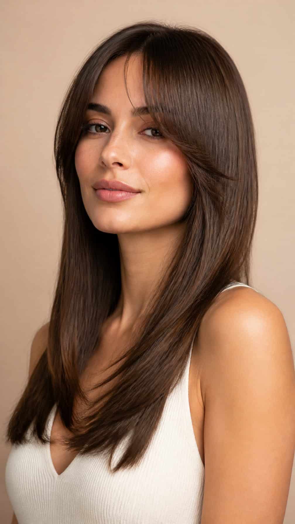 Woman with straight hair and softly tapered bangs framing her face.