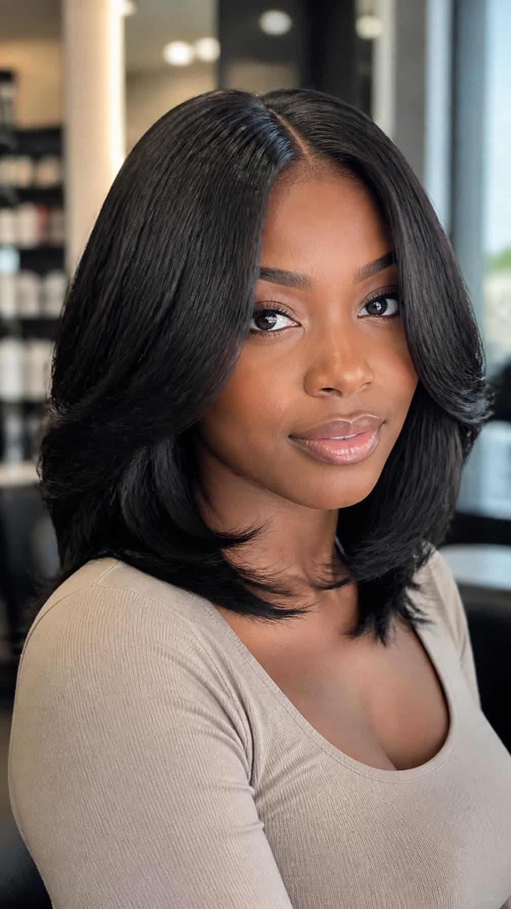 A woman with layered shoulder-length hair poses in a softly lit salon.