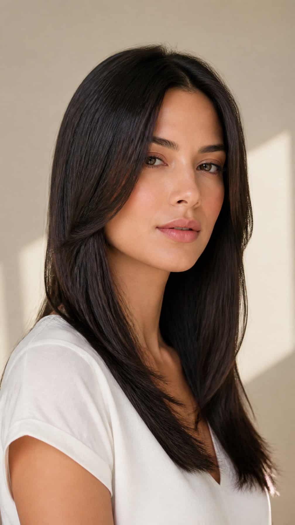 Woman with straight hair styled in smooth layers that frame her face from the cheekbones.