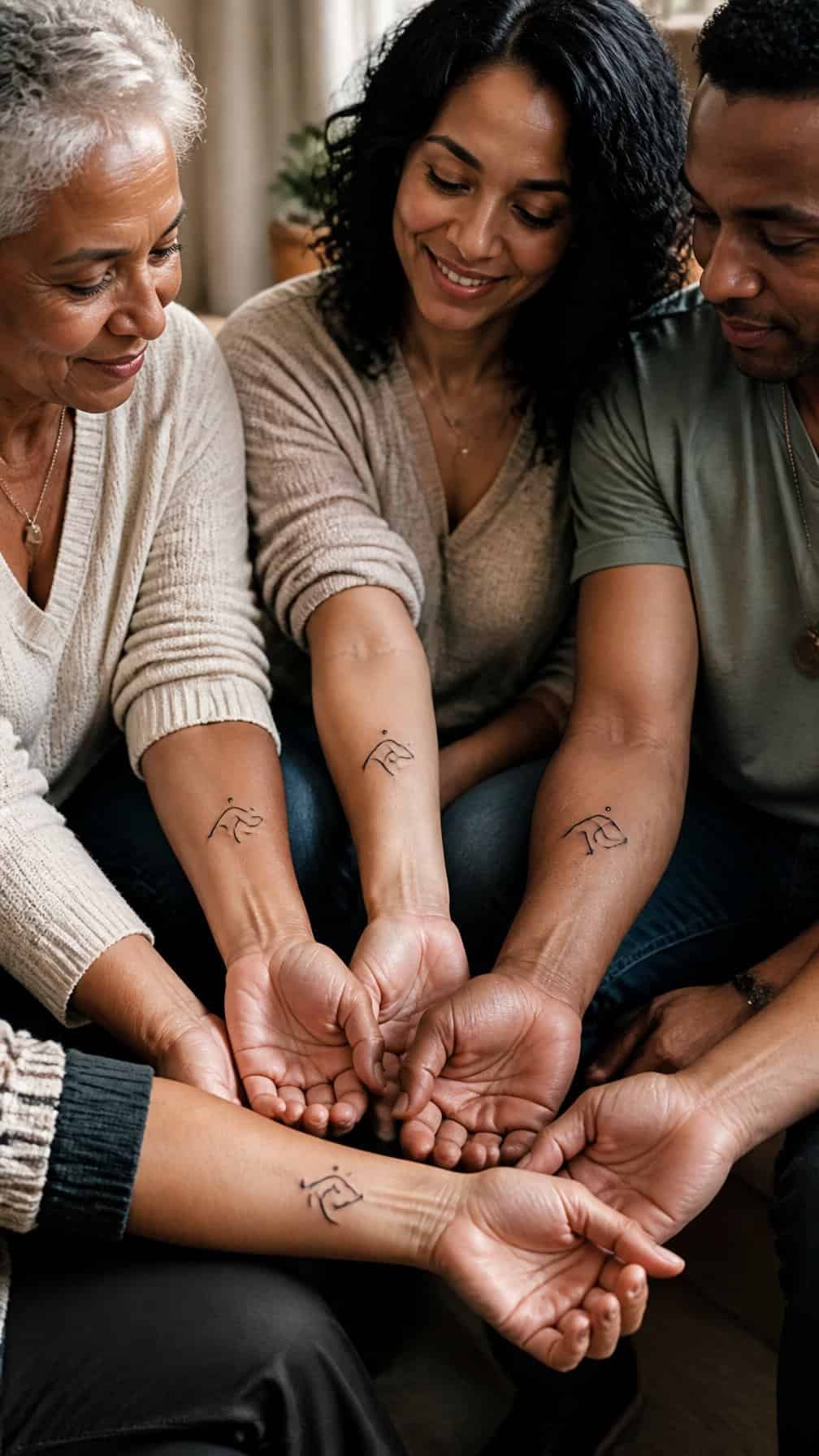 Family members compare matching symbolic tattoos on their wrists.
