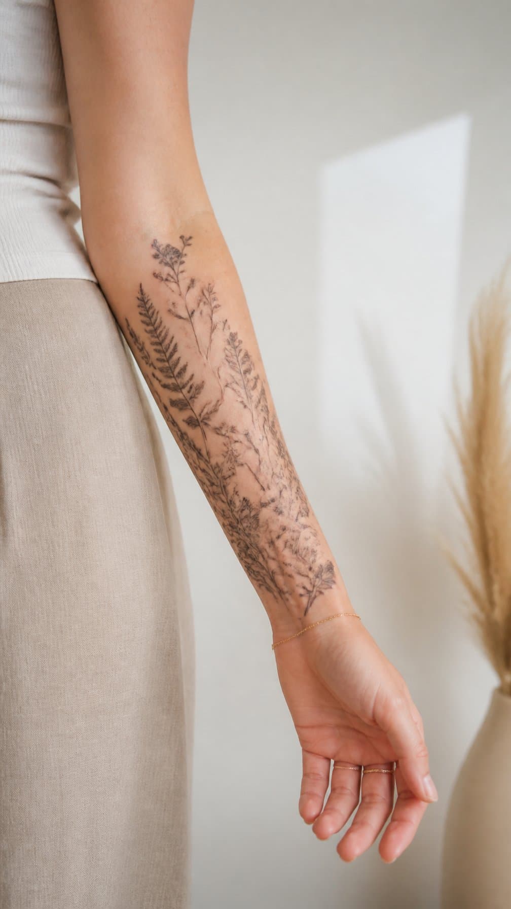 A woman displays a delicate botanical tattoo covering her forearm.
