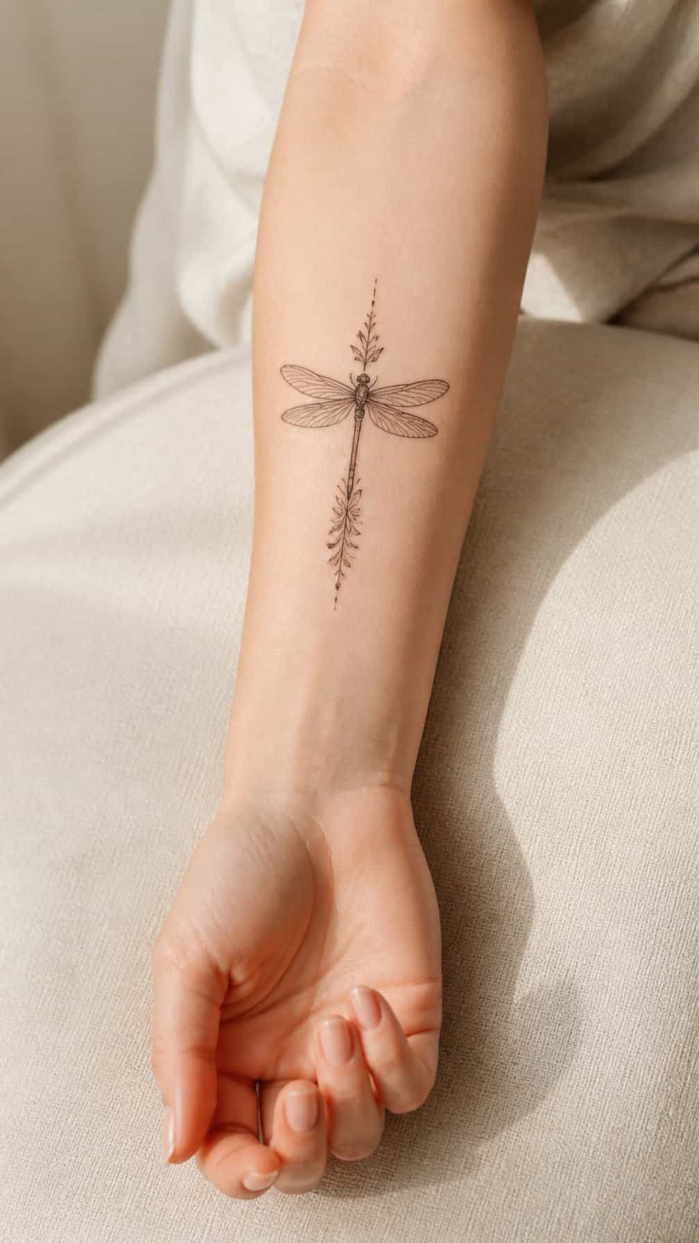 A woman's forearm showing a delicate dragonfly tattoo.