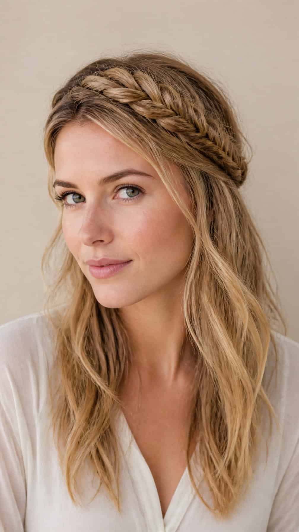Woman wearing a fishtail braid headband with loose hair ends.
