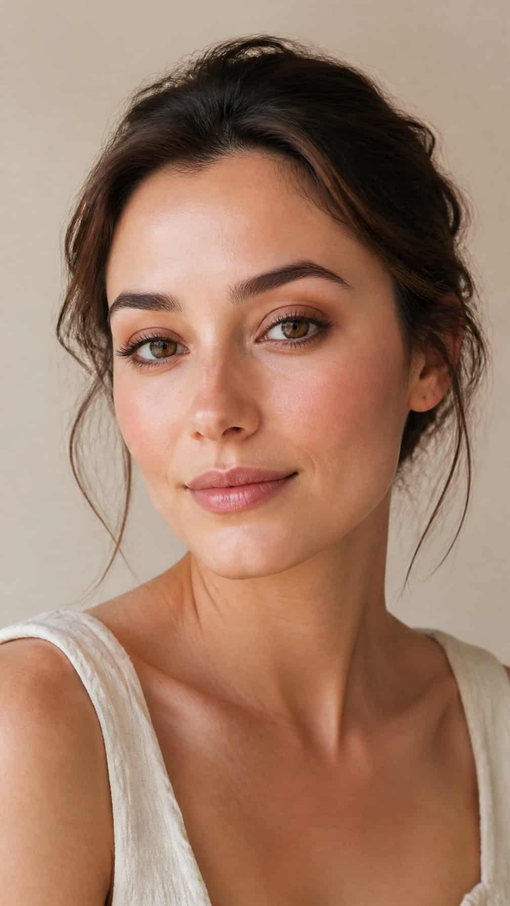 Woman wearing softly blended brown eyeshadow and natural makeup.