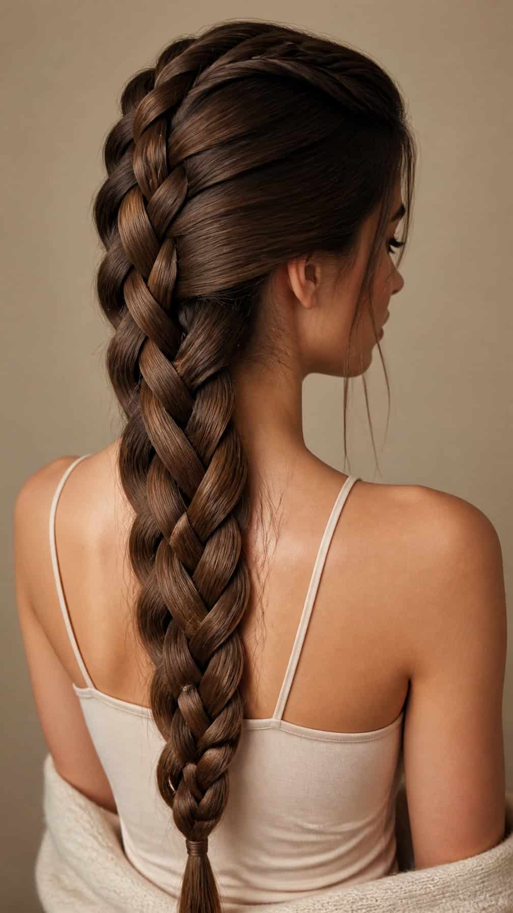 A person with long hair styled in a detailed five-strand braid down the back.