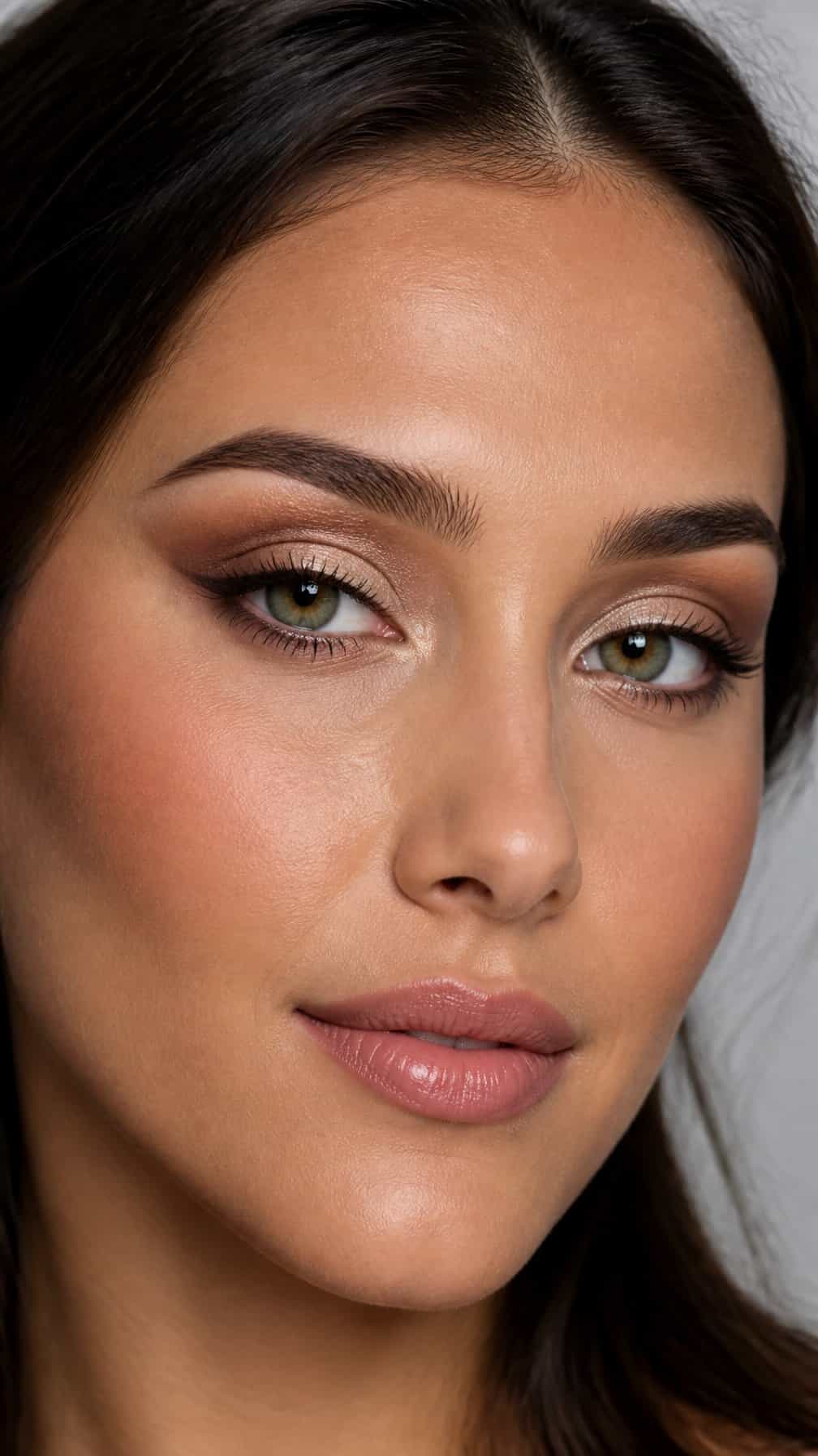 Close-up portrait of a person wearing softly blended eyeshadow above the natural eyelid crease.