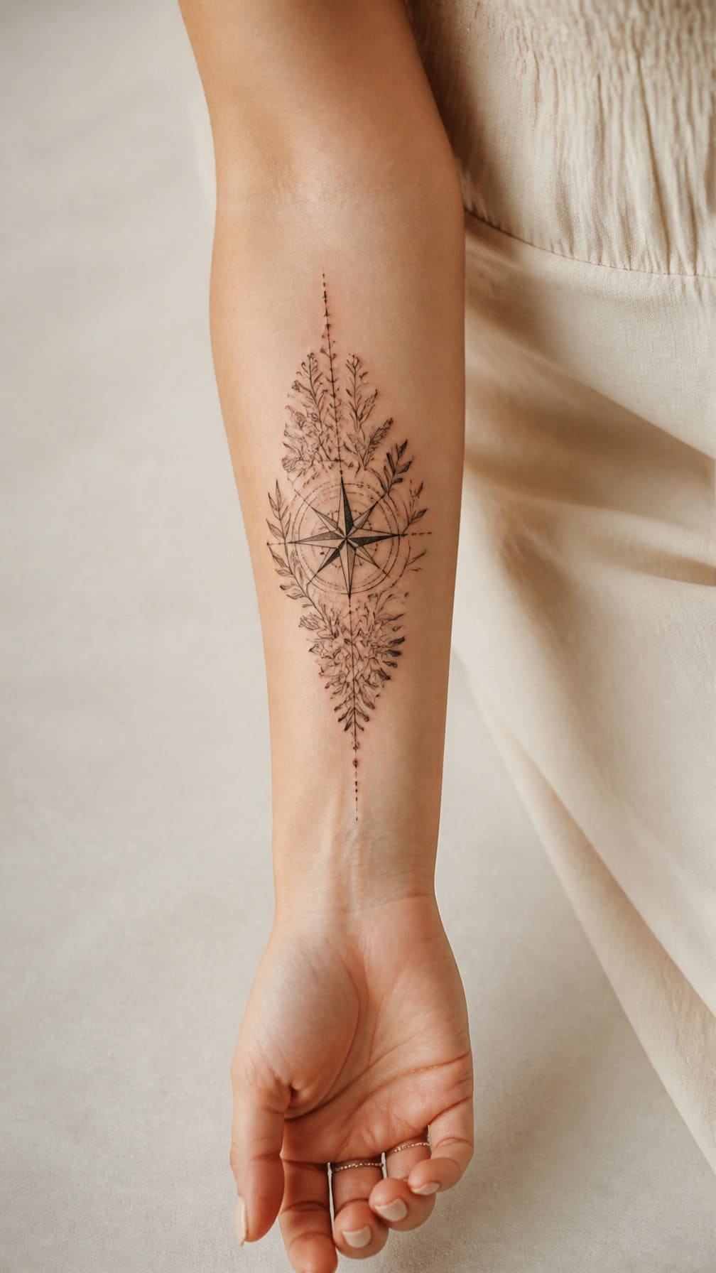 A woman’s forearm displaying a floral compass tattoo.