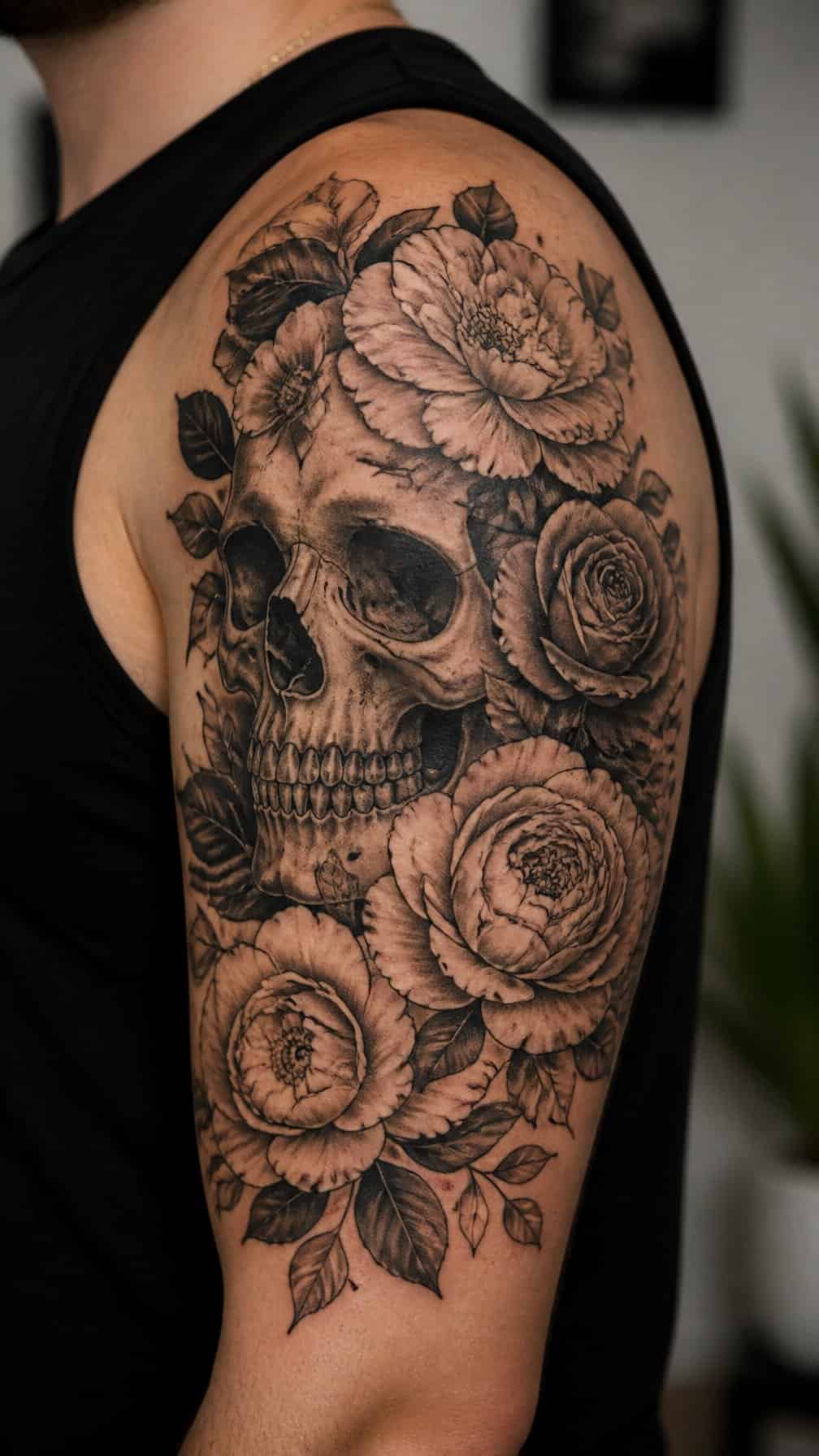 A floral skull tattoo covers a dark tattoo on a person’s upper arm.