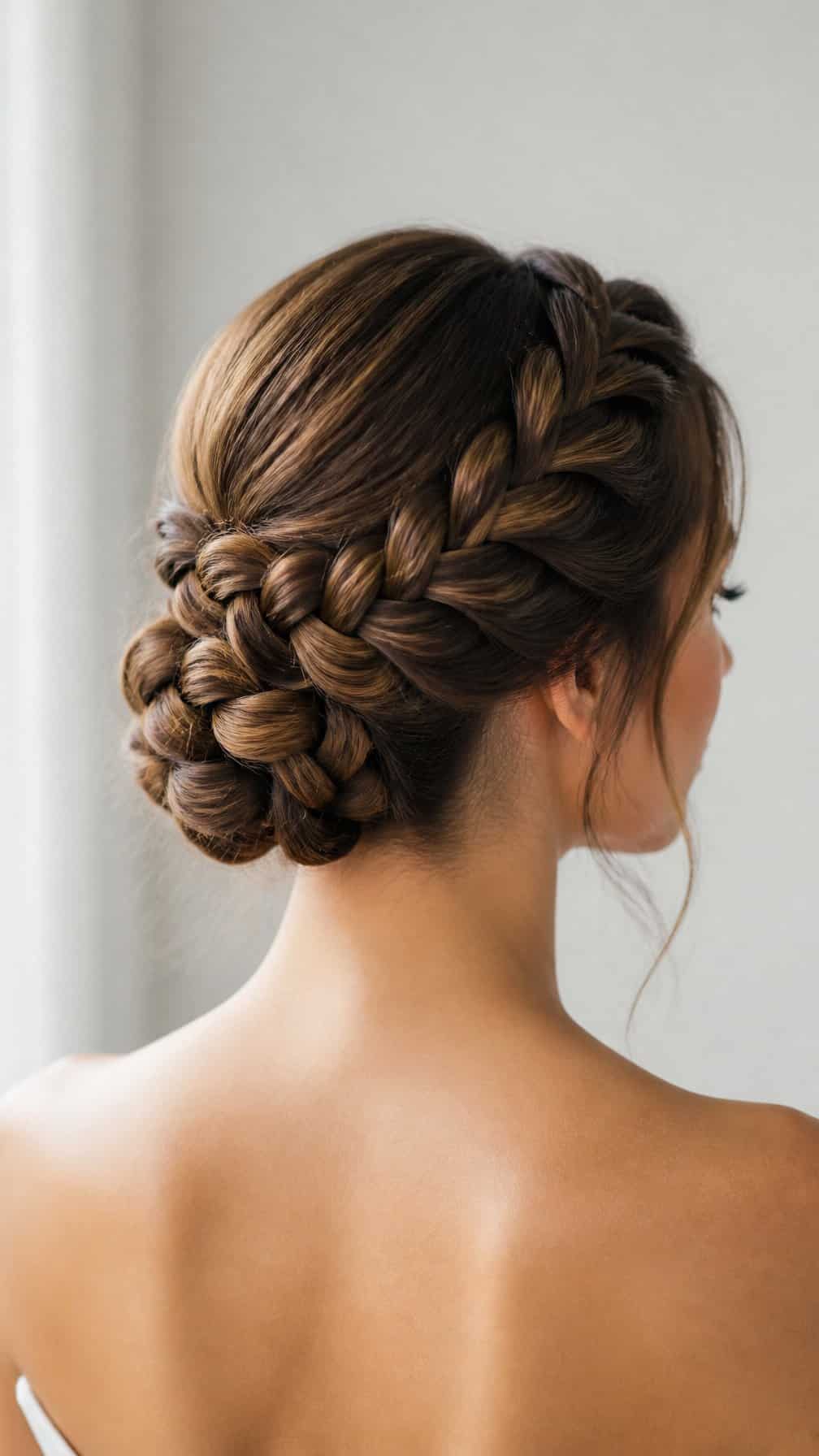 Woman showing a four-strand braided updo gathered into a bun.