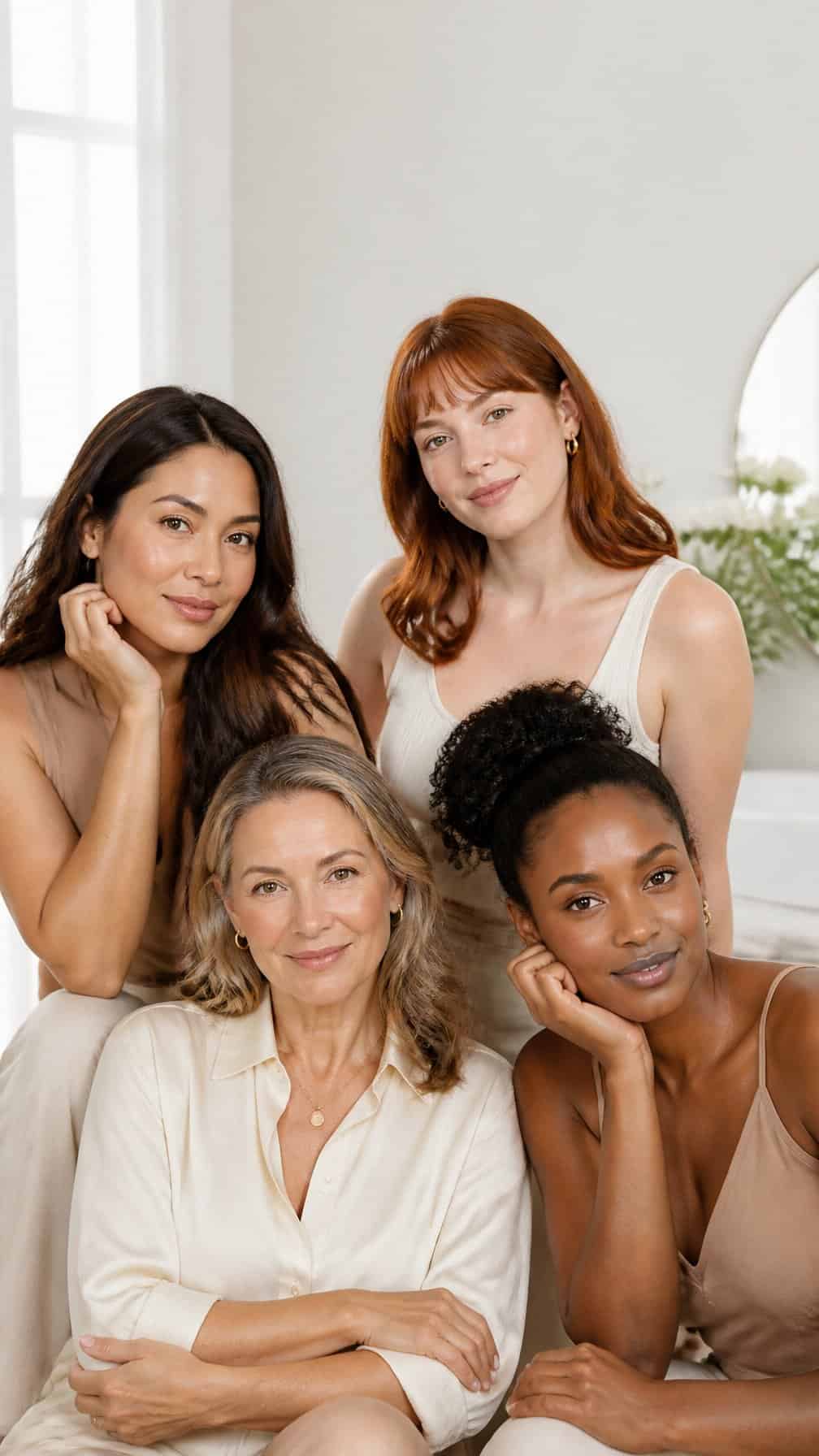 Four women with diverse appearances pose in a bright studio wearing natural, fresh makeup.