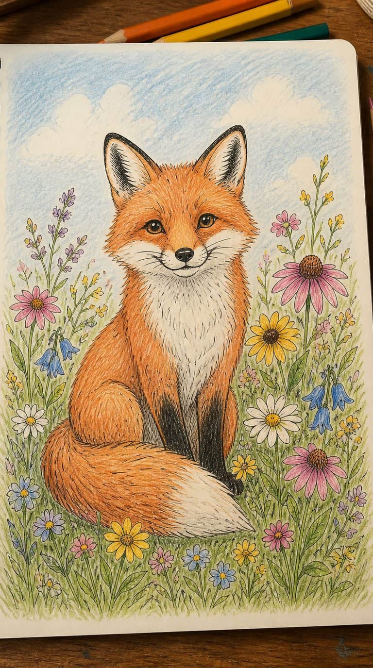 A hand-drawn artwork of fox sitting among flowers.