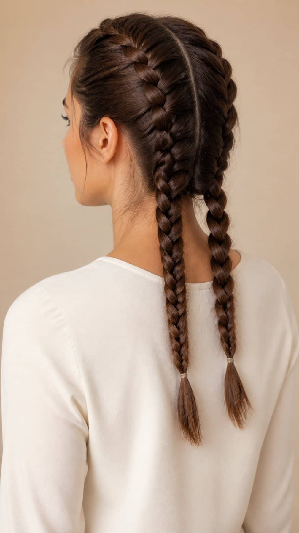 A woman with long brown hair styled in two neat French braid pigtails.