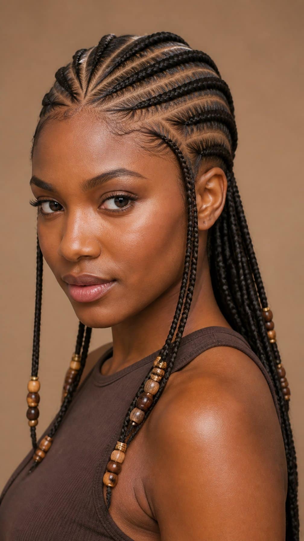 A woman with neatly braided hair decorated with small beads poses against a plain background.