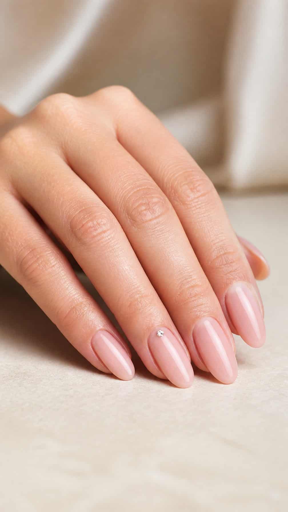 A hand with glossy nude Gel-X nails, including one nail with a single rhinestone accent.