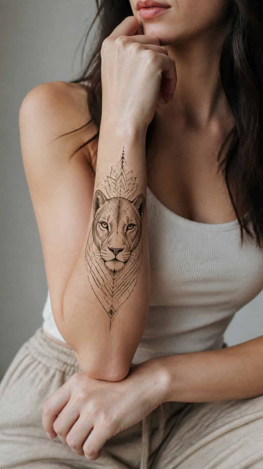 Woman showing a geometric lioness tattoo on her forearm.