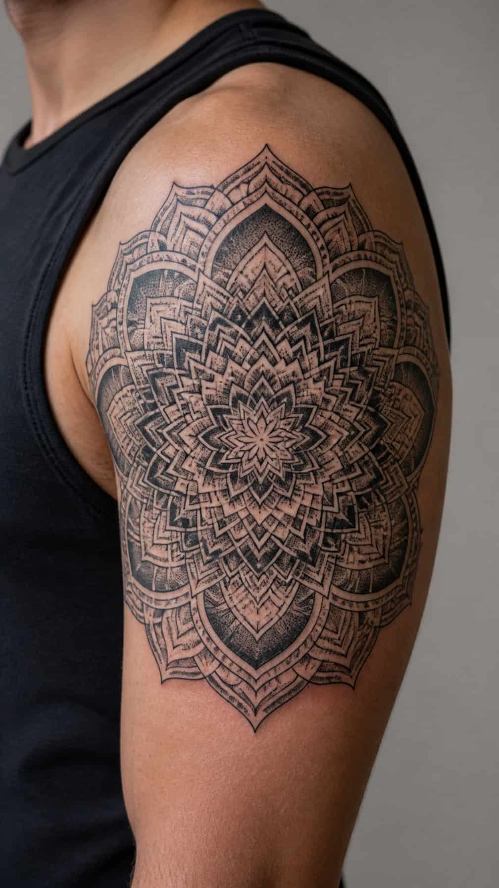 A geometric mandala tattoo fully covers an older symbol on a person’s upper arm.