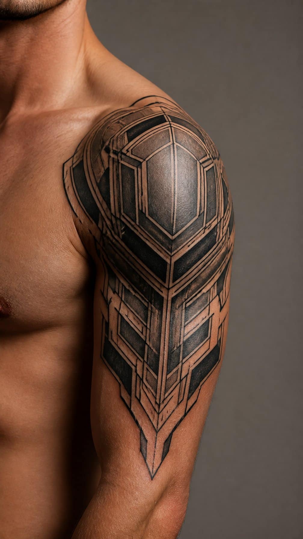 Close-up of a geometric black tattoo shaped like armor across an adult’s shoulder and upper arm.
