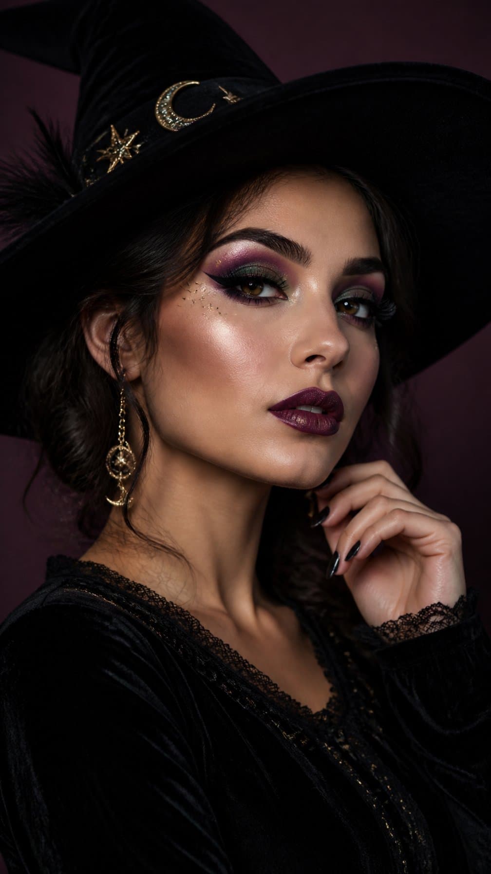 Woman wearing glamorous witch-inspired makeup and a black witch hat against a dark background.