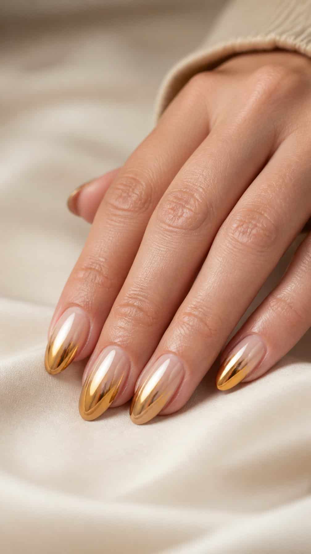 A hand with almond-shaped nails featuring a smooth nude-to-metallic-gold gradient.