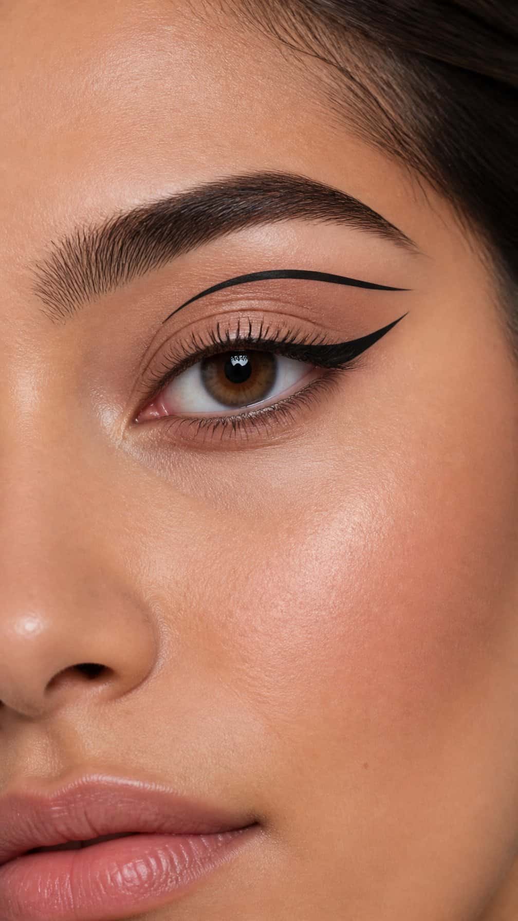Close-up of a hooded eye with a bold black liner drawn above the crease.