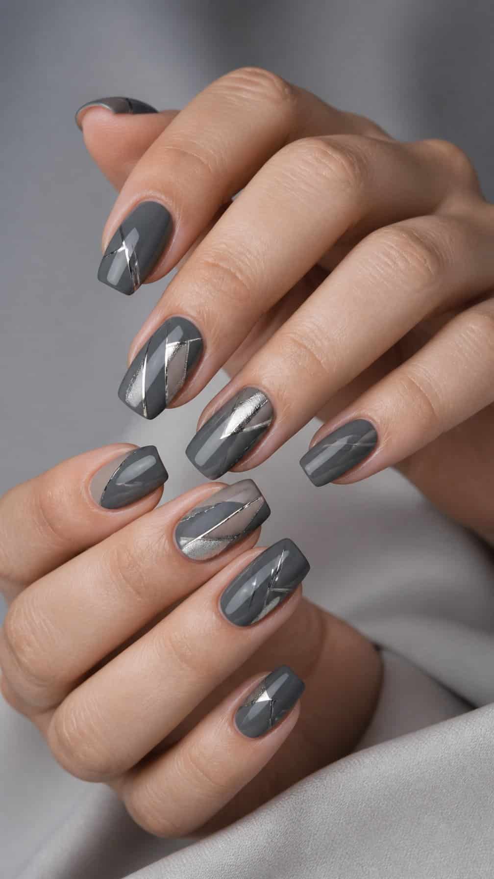 Close-up of graphite gray geometric nail art on neatly manicured hands.