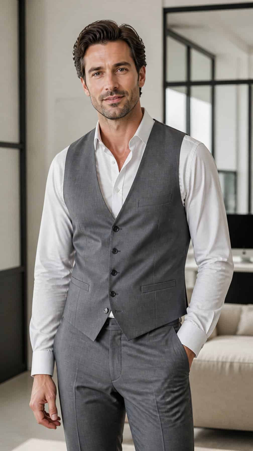 A person wearing a gray vest, matching trousers, and a white shirt in a modern office.