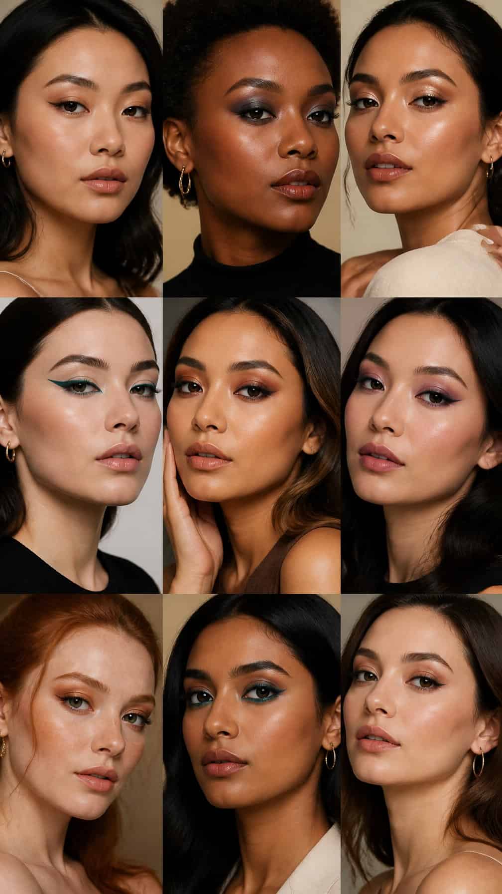 A group of women with different hooded-eye makeup looks in a studio setting.