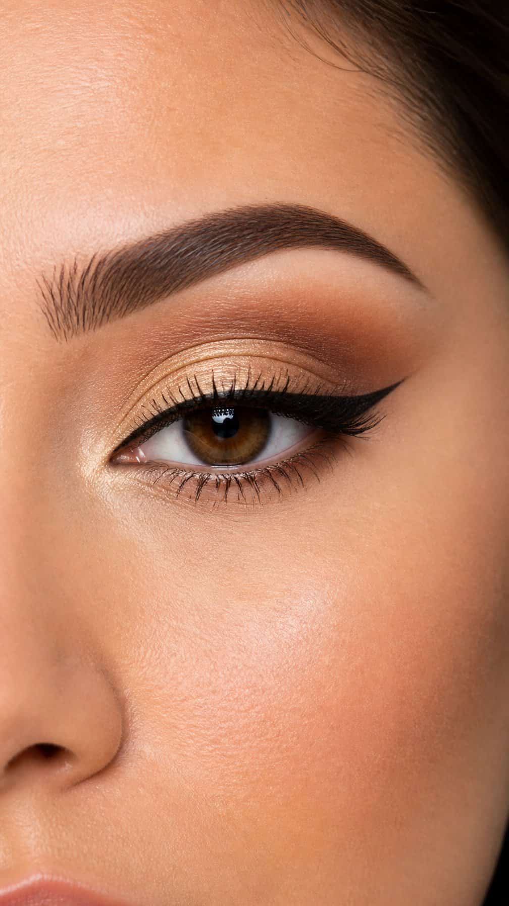 Close-up of an eye wearing a half-cut crease with shimmering gold eyeshadow and defined eyeliner.