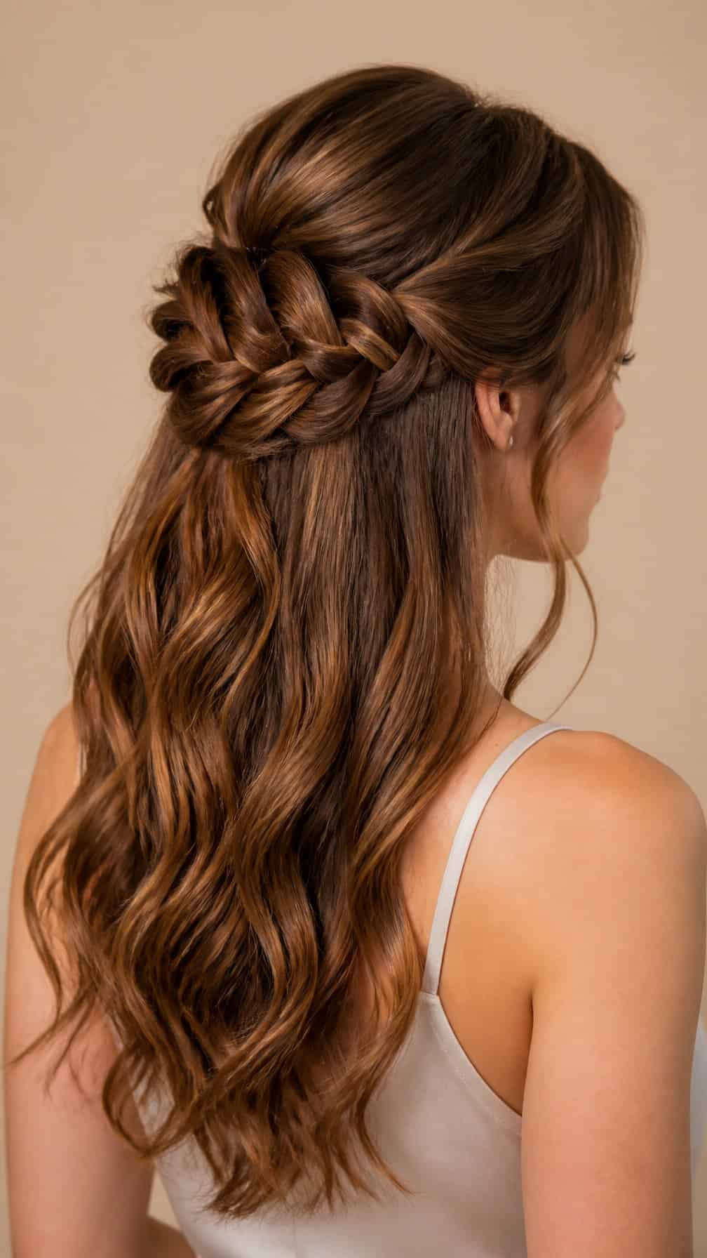 Woman showing a braided hairstyle gathered at the back with the rest of her hair hanging loose.