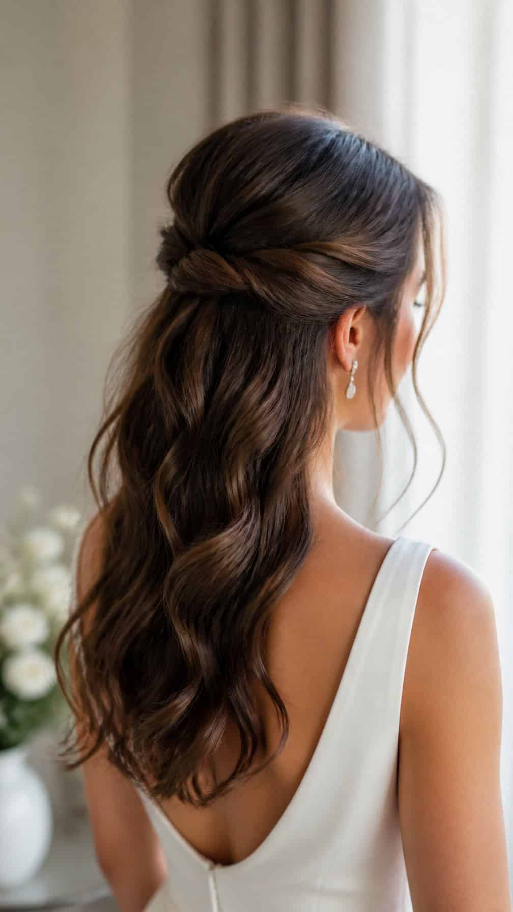 Bride wearing a half-up twisted hairstyle with loose waves falling down her back.