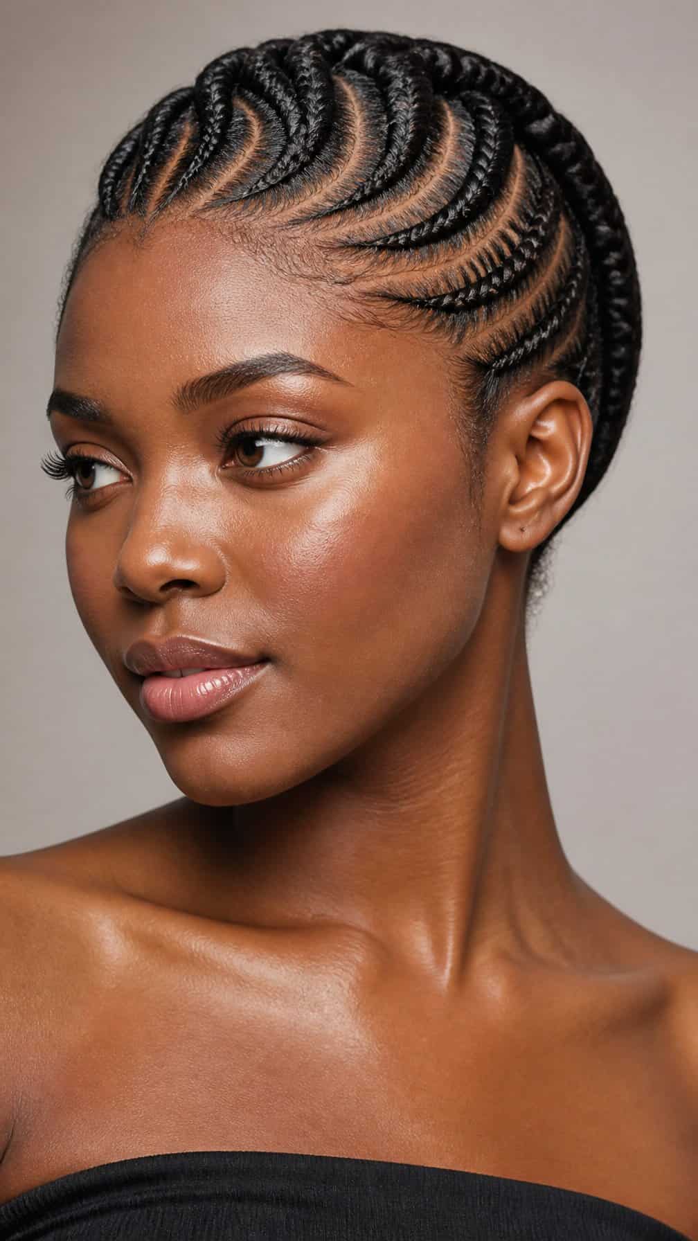 A woman poses against a neutral background in a close-up portrait.