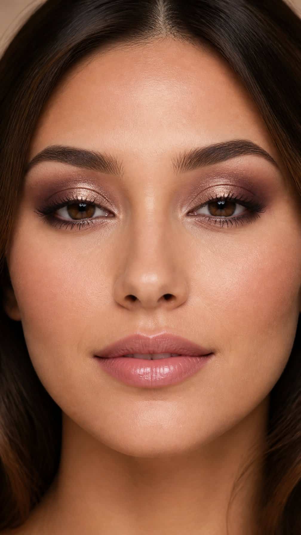 Close-up portrait of a woman wearing halo eye makeup on hooded eyelids.