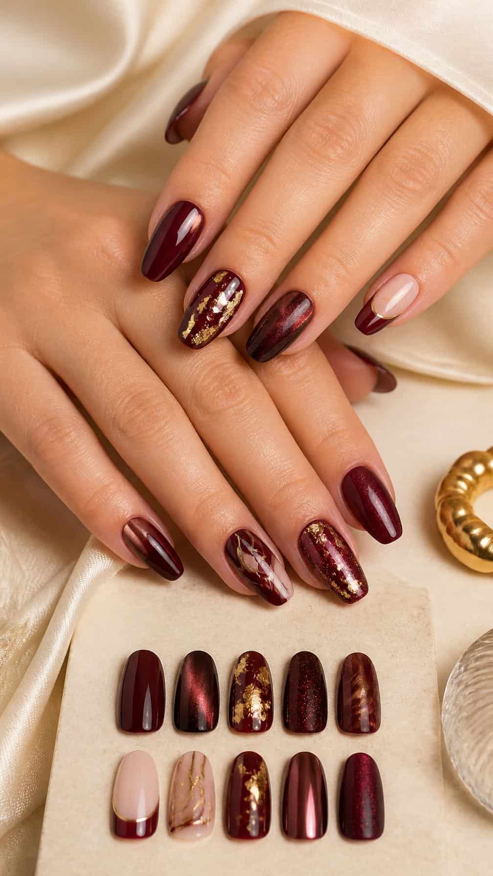 Hands displaying several elegant maroon manicure designs on a neutral surface.