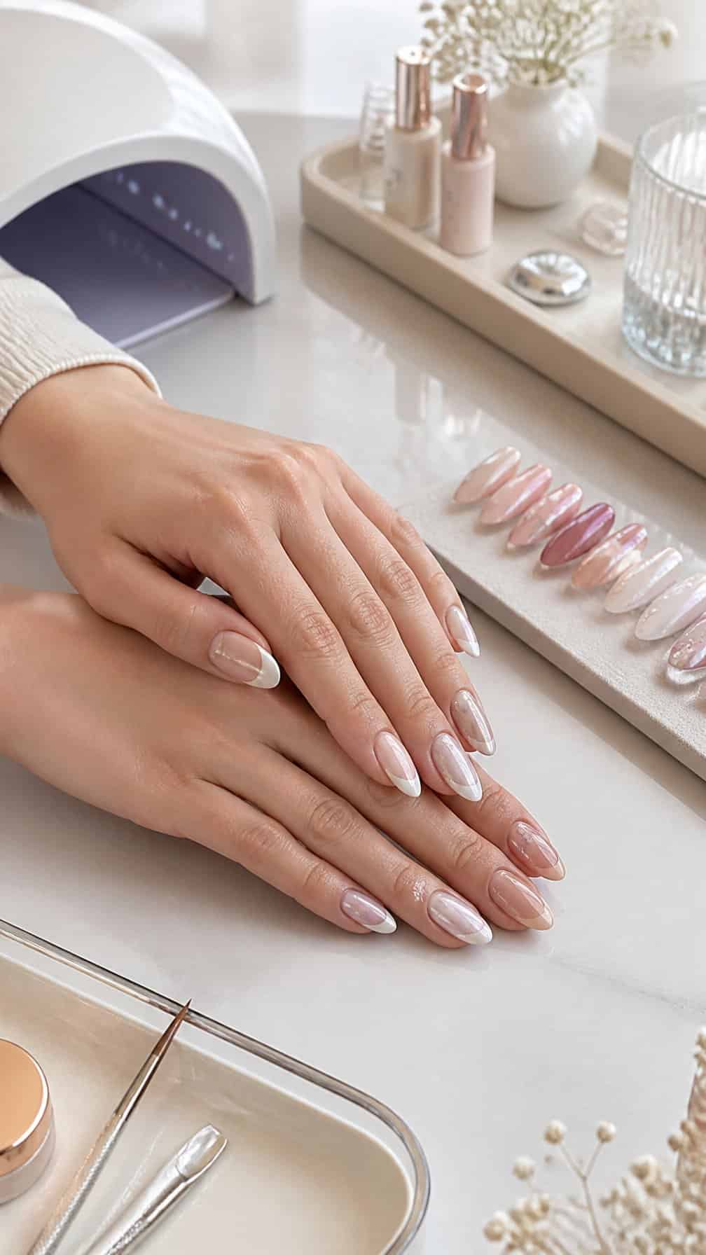 Hands displaying a variety of elegant Gel-X nail designs beside manicure tools and sample nail tips.